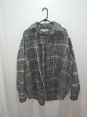 FA Black and White Plaid Pea Coat with Red and Tan Accents